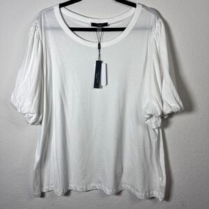 New Tahari White Balloon Sleeve Blouse Round Neck Stretch Womens Plus Size 2XL